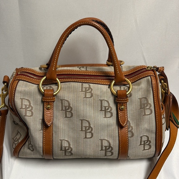 Dooney & Bourke Large DB Signature Canvas & Leather Satchel Tan/Brown Vintage - Picture 4 of 11